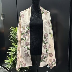 Sheer Oblong Scarf, peachy tan with lavender and green florals